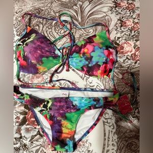 NWT Candies Juniors Multi Colorful Floral Bikini - Size XL Top & L Bottom